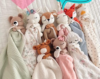 Personalized Crochet Animal Lovey Blankie: Organic Cotton Rattle Toy and Washcloth