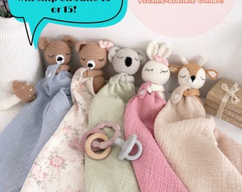 Personalized Baby Lovey: Crochet Animal Rattle, Muslin Blanket