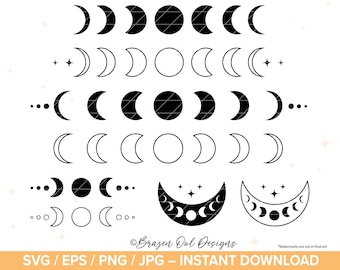 May include: A set of black and white moon phase illustrations. The phases include a full moon, crescent moon, half moon, and new moon. The illustrations are perfect for crafting projects, scrapbooking, or digital design.