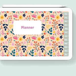 Puede incluir: Un planificador digital blanco con un patrón floral en tonos de rosa, amarillo, naranja, azul y verde. La palabra "Planner" está escrita en rosa sobre un rectángulo blanco en el centro de la pantalla.