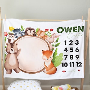 Woodland Milestone Blanket, Forest Baby Blanket, Personalized Baby Gift, Woodland Baby Blanket, Personalized gift, monthly growth blanket
