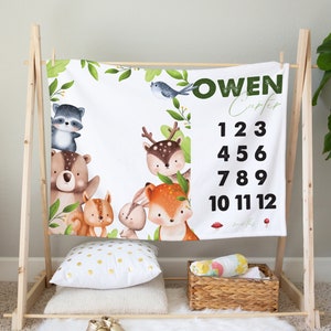 Woodland Milestone Blanket, Forest Baby Blanket, Personalized Baby Gift, Woodland Baby Blanket, Personalized gift, monthly growth blanket