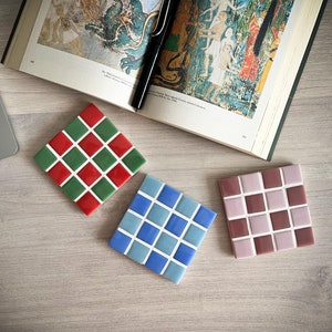 Glass Tile Coasters, Tiled Coster, Housewarming Gift, Checkered Tile Coaster, Unique Patterns,Handmade Gifts with Customizable Greeting Card
