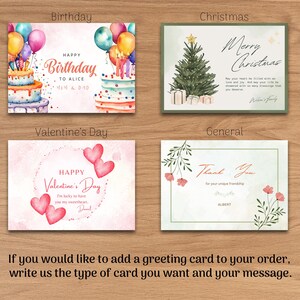 May include: Four different greeting card designs. The first card is a birthday card with a cake and balloons. The second card is a Christmas card with a Christmas tree. The third card is a Valentine's Day card with hearts. The fourth card is a general thank you card with flowers.