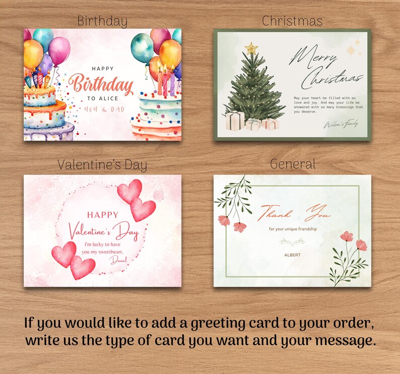 May include: Four different greeting card designs. The first card is a birthday card with a cake and balloons. The second card is a Christmas card with a Christmas tree. The third card is a Valentine's Day card with hearts. The fourth card is a general thank you card with flowers.