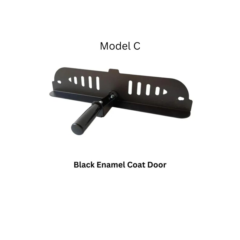 May include: Black enamel coat door with a handle. The product is labeled "Model C". The text "Black Enamel Coat Door" is printed below the product. The product has a series of vertical slots.
