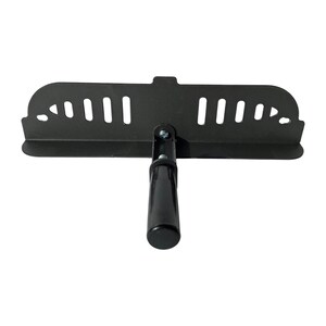 May include: A black metal tool with a handle and a slotted, curved blade. The blade has a series of evenly spaced, rectangular cutouts. The handle is cylindrical and attached to the blade with a pivot.