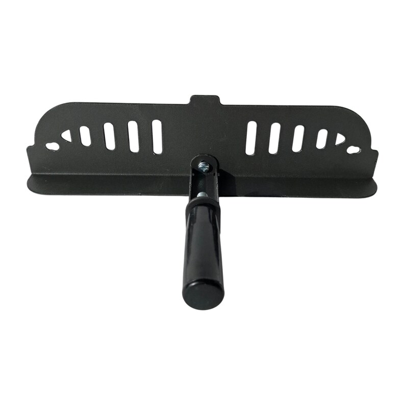 May include: A black metal tool with a handle and a slotted, curved blade. The blade has a series of evenly spaced, rectangular cutouts. The handle is cylindrical and attached to the blade with a pivot.