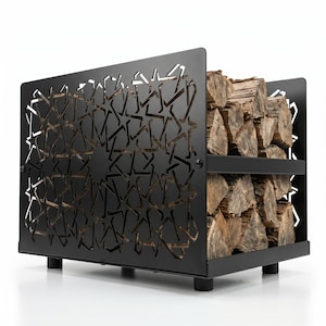 May include: Black metal log store with a geometric star design on the front. The rack has two shelves and is filled with stacked firewood. The design is modern and the rack is elevated on short legs.