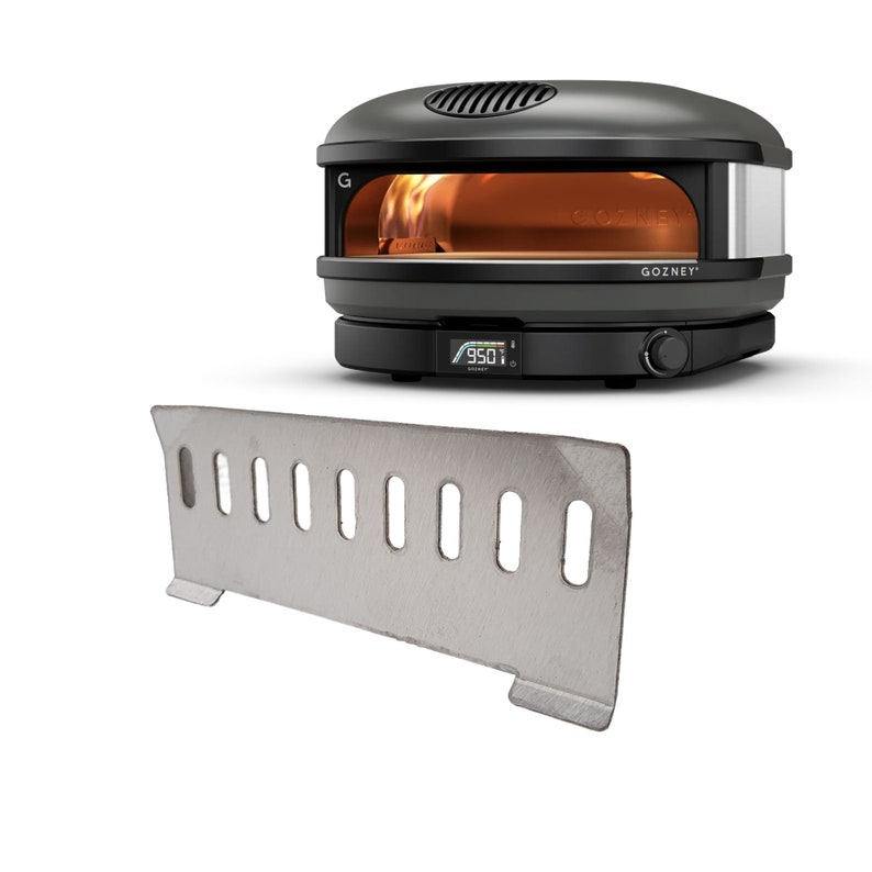 `Stainless-steel flame-guard for Gozney pizza ovens — brushed metal heat shield designed to protect surrounding surfaces from oven heat, shown positioned under or around a pizza oven setup.`