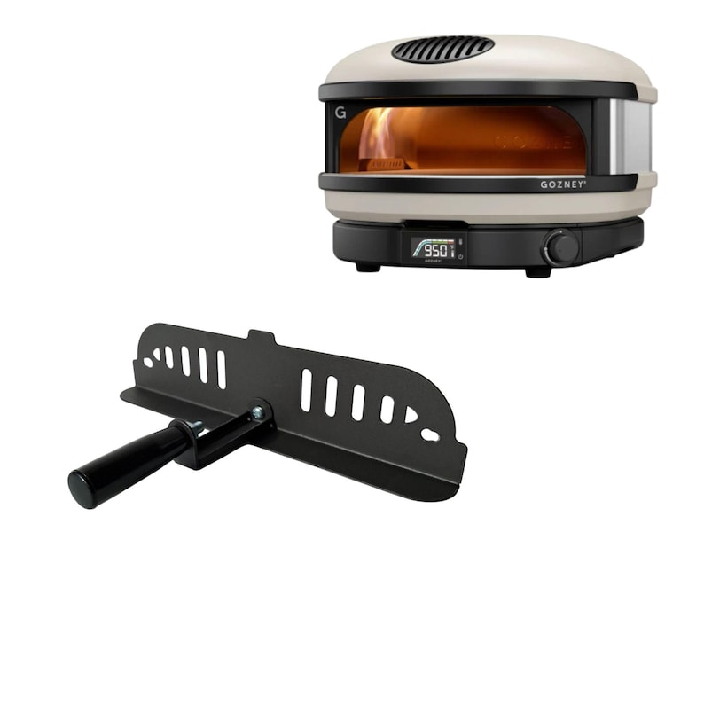 `Custom stainless-steel baffle door upgrade for Gozney pizza ovens — brushed metal rectangular door panel with heat-resistant handle, shown fitted over the oven entrance to optimize heat retention, airflow control, and cooking performance.`