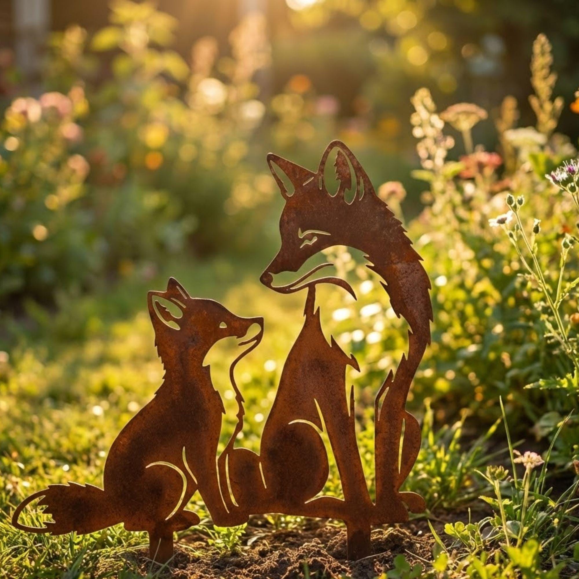 アメリカン・フォークアート、ウルフクリーク製木製3体+1体セット USA製 Rusty Metal Fox Yard Art – Woodland Outdoor Decor – Rustic Steel