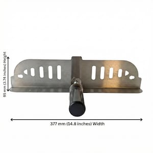 May include: A stainless steel tool with a black handle. The tool has a width of 14.8 inches and a height of 3.74 inches. It features multiple rectangular and circular cutouts along its edges.