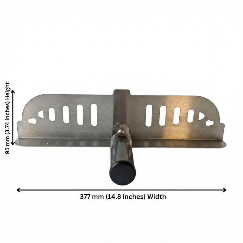 May include: A stainless steel tool with a black handle. The tool has a width of 14.8 inches and a height of 3.74 inches. It features multiple rectangular and circular cutouts along its edges.