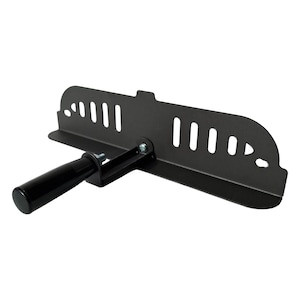 May include: A black metal tool with a handle. The tool has a flat, rectangular base with several vertical slots and a curved top edge. A black cylindrical handle is attached to the base.