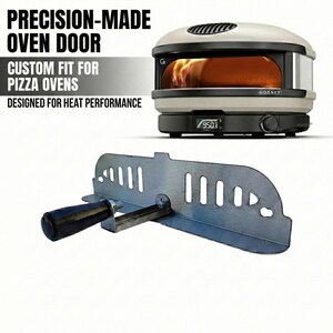 May include: A pizza oven with a stainless steel door and a black base. The oven has a digital display showing the temperature. The text on the image reads "PRECISION-MADE OVEN DOOR" and "CUSTOM FIT FOR PIZZA OVENS". A metal pizza oven tool is in the foreground.