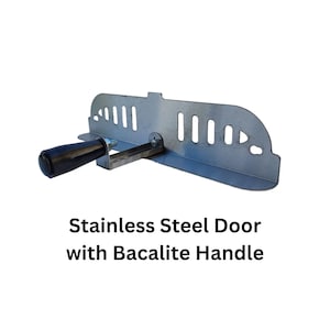 May include: Stainless steel door with a black bacalite handle. The door is made of stainless steel and has several vertical slots cut into it. The handle is cylindrical and attached to a metal arm.
