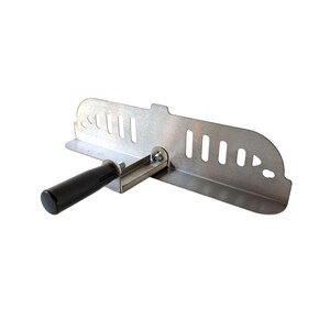 May include: A silver-colored metal tool with a black handle. The tool has a rectangular shape with several evenly spaced slots and a curved edge. A black handle is attached to the side with a bolt.