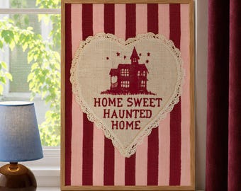 Home Sweet Haunted Home Print | Vintage Halloween Heart Wall Art | Gothic Cottagecore Haunted House Decor | Faux Embroidery Fall Print