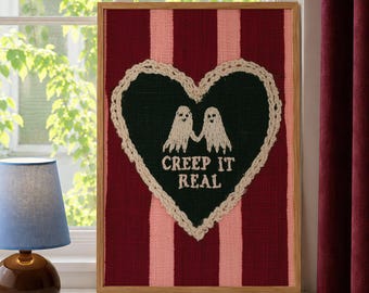 Creep It Real Ghost Wall Art Print, Spooky Cute Embroidery Poster, Gothic Valentine Decor, Pink Red Halloween Art, Trendy Witchcore Gift