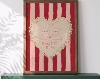 Creep It Real Printable Wall Art, Cute Ghost Couple Heart, Halloween Spooky Sweet Decor, Pink Red Striped Linen, Digital Download