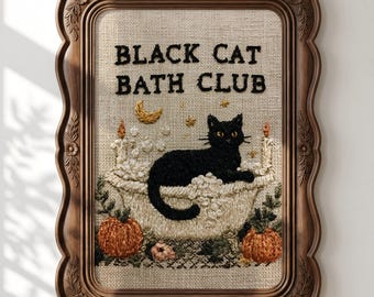 Black Cat Bath Club Printable | Funny Bathroom Wall Art | Embroidered Halloween Cat Print | Digital Download | Spooky Cottagecore Decor