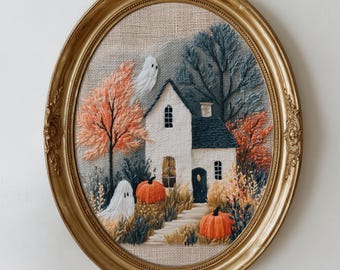 Cottage Haunted House with Friendly Ghosts and Pumpkins - Cozy Halloween Wall Art, Autumn Printable Decor, Digital Download