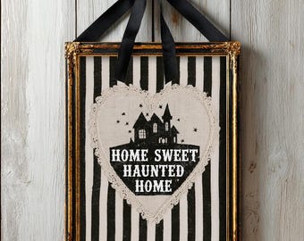 Home Sweet Haunted Home Print | Gothic Halloween Wall Art | Vintage Black White Striped Haunted House Decor