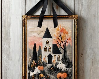 Haunted House with Friendly Ghosts and Pumpkins - Cozy Halloween Wall Art, Autumn Cottagecore Decor, Printable Digital Download