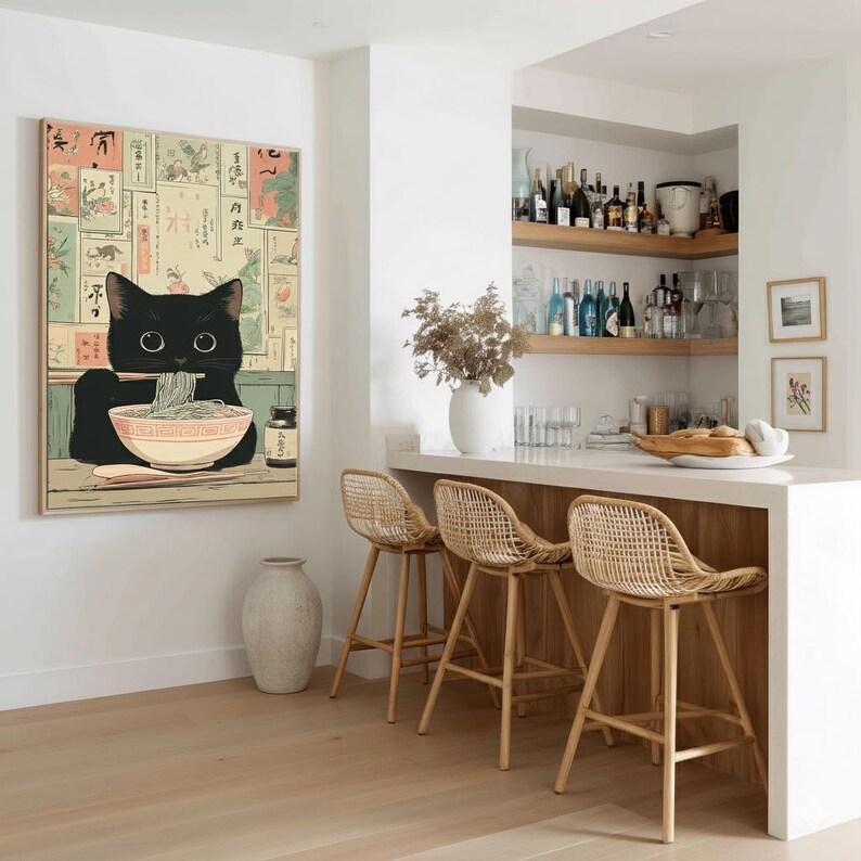 Black cat ramen wall art illustration showing a cute cat eating noodles with chopsticks, Japanese style vintage printable decor for apartment and kitchen walls.