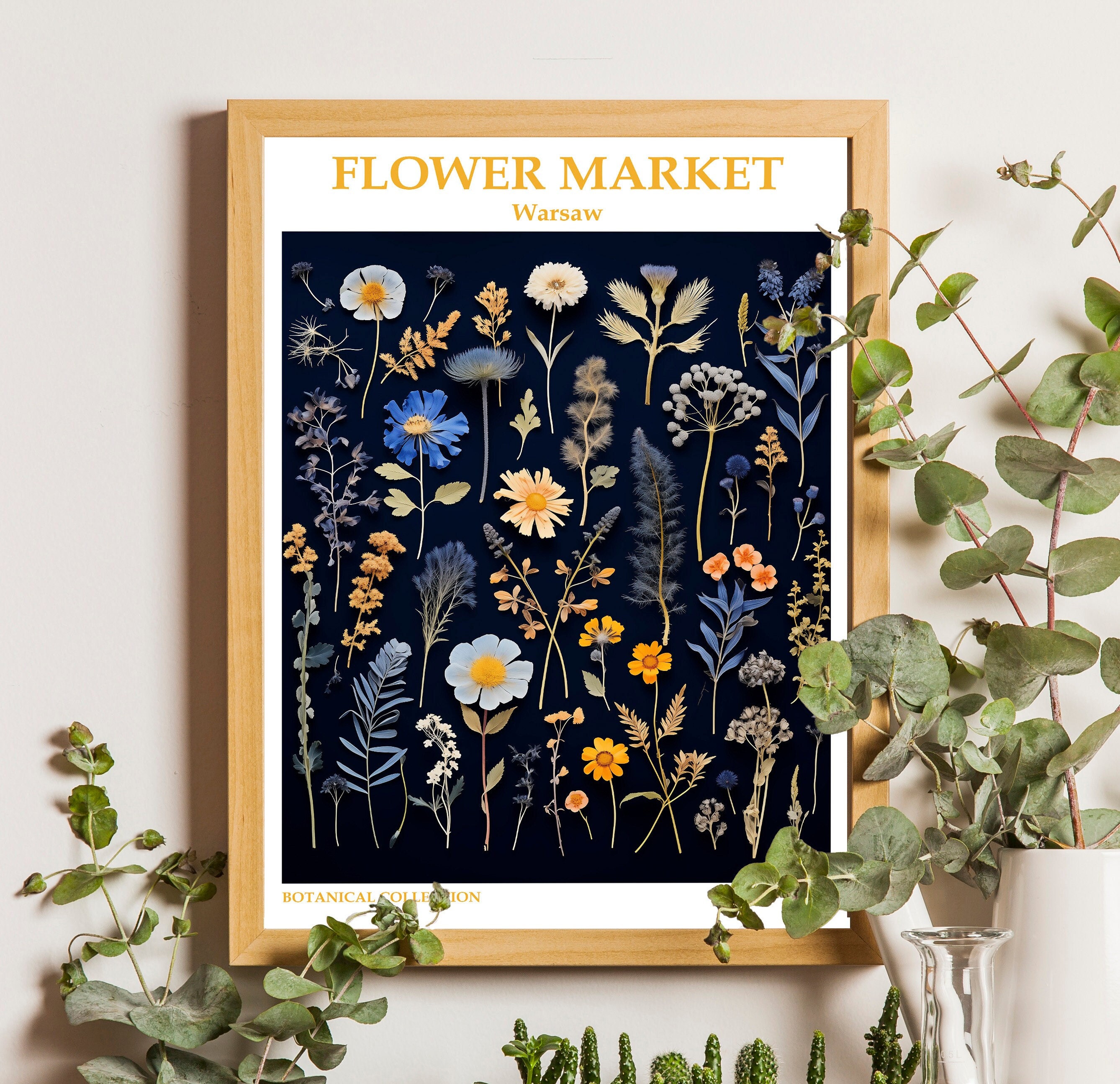 Impressão do mercado de flores de Varsóvia, decoração botânica de parede, IMPRIMÍVEL, arte prensada de flores secas, arte floral azul e amarela, arte moderna de parede de flores