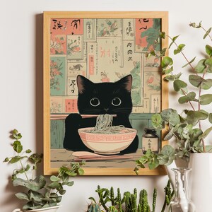 Chubby black cat artwork poster for kitchen — cozy, vintage ramen theme with muted colors and cute Japanese-inspired design.