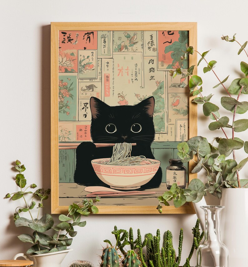 Chubby black cat artwork poster for kitchen — cozy, vintage ramen theme with muted colors and cute Japanese-inspired design.