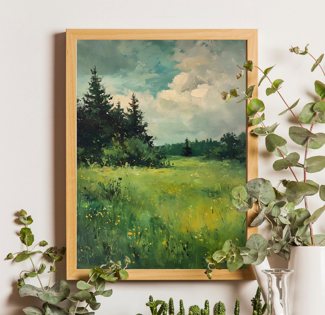 油絵 絵画 【野花の風景】 ヴィンテージ風の野花咲く草原の油絵：春の風景画（デジタル