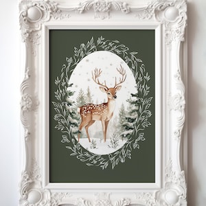 Impresión instantánea de reno de invierno acogedor, descarga digital de arte de pared de ciervo navideño de granja, reno imprimible de arte de pared navideño rústico