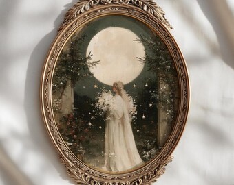 Winter Moon Garden Print | Ethereal Woman Fantasy Painting | Whimsical Christmas Fairytale Wall Art | Digital Download