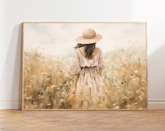Impression d'art Boho Girl Summer Meadow : portrait de femme romantique (téléchargement numérique)