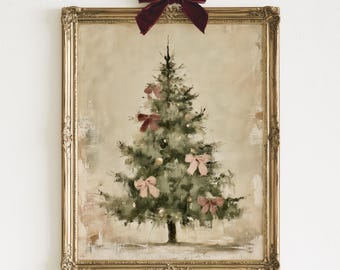 Coquette Christmas Tree Print | Pink Bow Minimalist Winter Painting | Feminine Neutral Holiday Wall Art | Digital Download