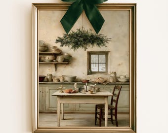 French Country Kitchen Christmas Print | Rustic Farmhouse Winter Interior Painting | Cozy Cottagecore Wall Art | Digital Download
