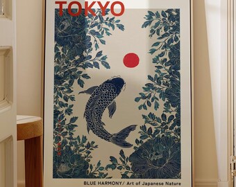 Printable Koi Fish Wall Art Tokyo Exhibition Poster , Japanese Ripple Illustration, Minimal Blue Print, Zen Water Poster, Japanese Wall Art