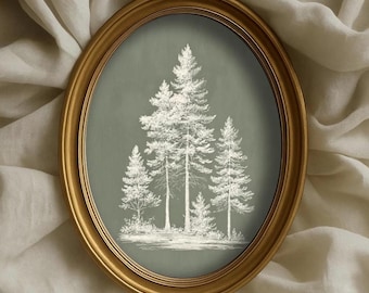 Vintage Sage Green Pine Tree Wall Art- Botanical Wall Art, Rustic Cottagecore Wall Art, Wall Decor Farmhouse, Vintage Style Digital Download