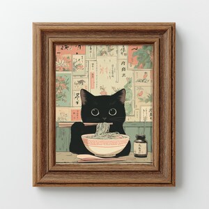 Vintage-style black cat wall art for breakfast nook — featuring a friendly cat and detailed ramen bowl, exuding a cozy vibe.