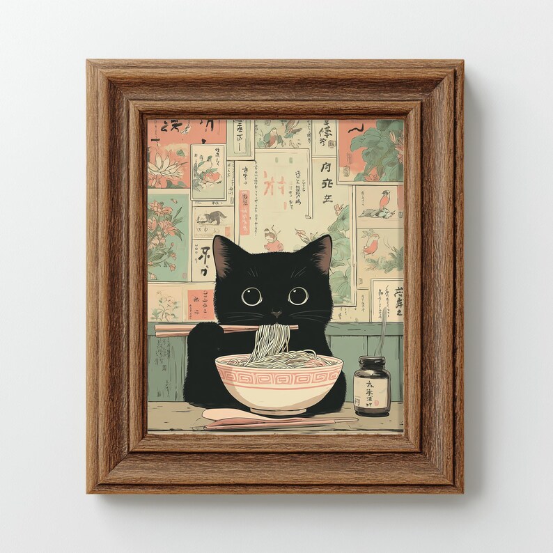 Vintage-style black cat wall art for breakfast nook — featuring a friendly cat and detailed ramen bowl, exuding a cozy vibe.