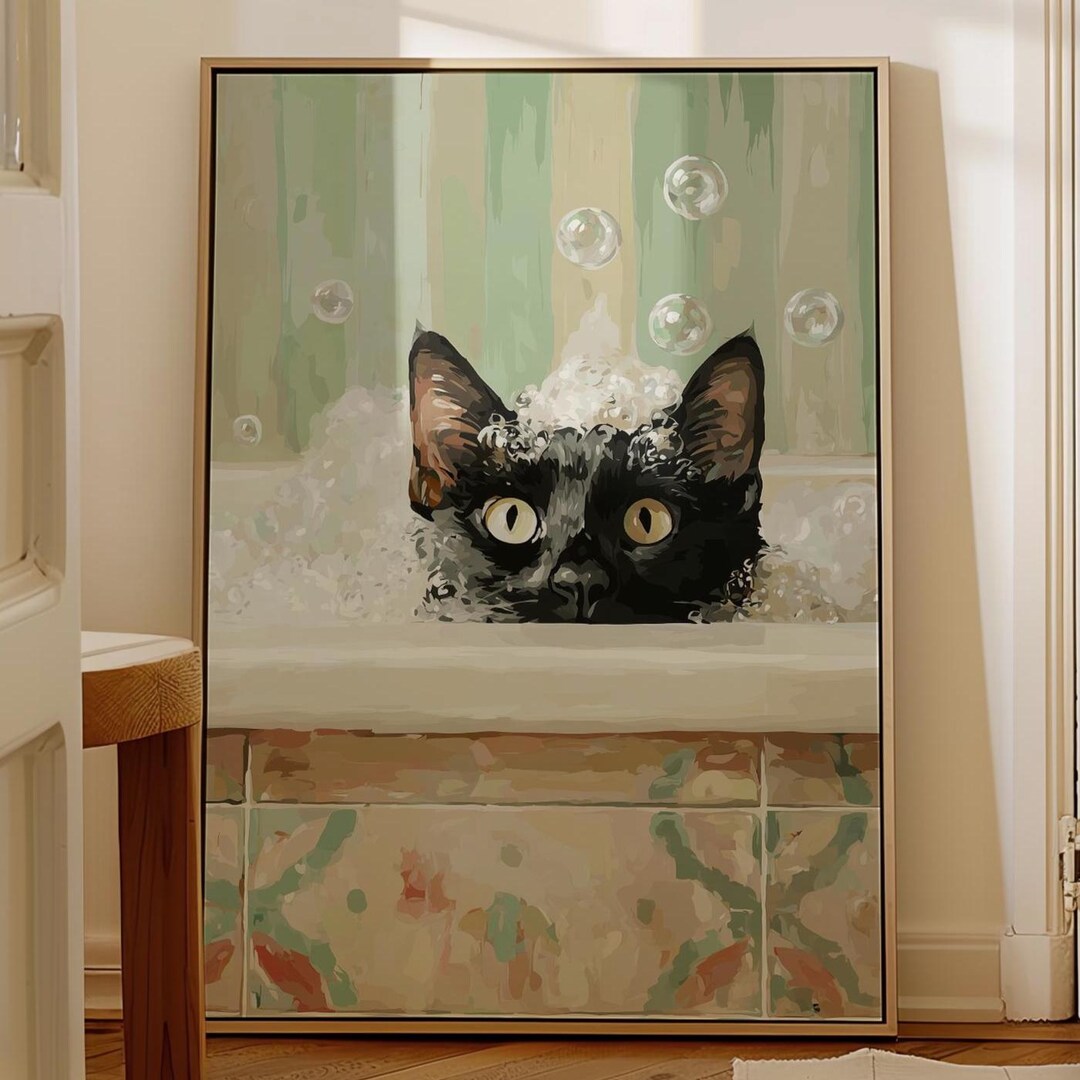 Vintage Farmhouse Cat in Bathtub Printable - Cute Black Cat With Soap ...