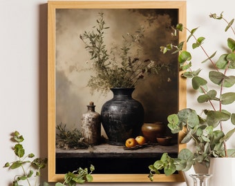 Vase mit Olivenzweigen, Vintage Stillleben, Keramikmalerei, Bauernmalerei, Landhausküche, Wanddeko, stimmungsvolles Blumenstillleben