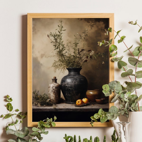 AFDRUKBARE vaas met olijftakken, vintage stilleven kunst, aardewerk schilderij afdrukbaar, land keuken wand decor, humeurig bloemenstilleven