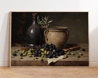 Bodegón vintage con aceite de oliva: Arte mural para la cocina (Descarga digital)