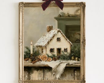 Gingerbread House Christmas Print | Cozy Still Life Oil Painting Wall Art | Grandmillennial Holiday Gallery Wall Art | Digital Download