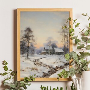 Muted Winter Landscape Painting, Snowy Christmas Wall Art, Snowy Winter Landscape, Xmas Decor, Vintage Winter Print, Printable Wall Art