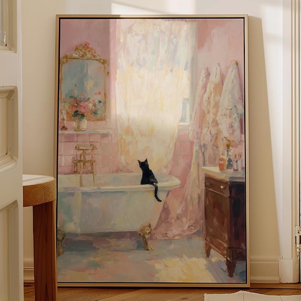 Bath Cat Print Funny Bathroom Art, Pink Bathroom Wall Art, Cat Bathroom Art, Digital Wall Art, Bathtube Wall Art, Cat in Bathroom Art